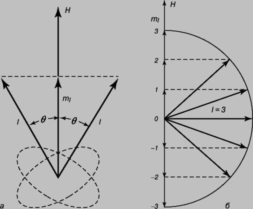 Рис. 9. КВАНТОВЫЕ ЧИСЛА согласно волновой механике Шредингера. а - квантовое число l характеризует орбитальный момент импульса электрона; магнитным квантовым числом ml наряду с l определяется угол q, под которым электронная орбита наклонена к направлению магнитного поля H. б - при l = 3 квантовое число ml принимает (2l + 1) возможных значений, в данном случае 7.