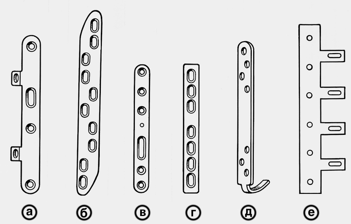 Рис. 6. Пластины для накостного остеосинтеза: а — Каплана — Антонова; б — Ткаченко; в — Сиваша; г — Демьянова; д — Калнберза; е — Полякова