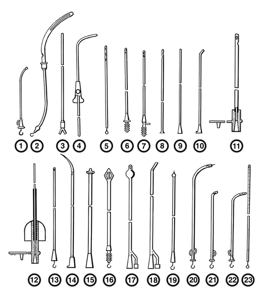 Рис. 1. Схематическое изображение различных видов катетеров: 1 — ушной: 2 — гинекологический для спринцевания и орошения; 3 — катетер двухпросветный кишечный; 4 — проволочный изогнутый мандрен для сосудистых катетеров с ползунком; 5 — оториноларингологический ушной для бужирования и продувания слуховой трубы; 6 — носоглоточный для ингаляции кислорода: 7 — носоглоточный для отсасывания секрета; 8 — риноларингологический гортанный для отсасывания секрета; 9 и 10 — гортанные трахеобронхиальные для отсасывания слизи из трахеи и бронхов: 11 — для заменного переливания крови новорожденным (слева видна пробка); 12 — внутривенный одноразовый (слева видна пробка); 13 — уретральный прямой катетер Нелатона; 14 — катетер Тиманна; 18 — катетер Пеццера; 16 — дренажный надлобковый катетер Малеко; 17 — катетер Померанцева — Фоли (или катетер Фоли); 18 — катетер Мерсье; 18 — <a href=