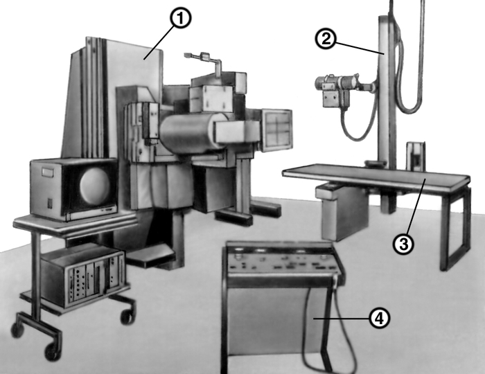 Рис. 1. Рентгенодиагностический комплекс «Рентген-50-2»: 1 — поворотный стол-штатив для рентгенографии и рентгеноскопии с усилителем яркости рентгеновского изображения; 2 — колонна для снимков; 3 — стол снимков для рентгенографии и выполнения продольной и горизонтальной томографии; 4 — пульт управления