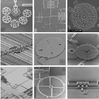 Устройства на основе МЭМС сверху-вниз и слева-направо: (а) подвижное соединение микрошестеренок. (б)