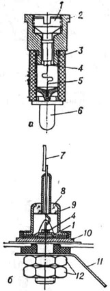 Полупроводниковые диоды: а  - сверхвысокочастотный патронного типа; б - выпрямительный; 1 - кристаллодержатель; 2 и 6 - латунные фланцы; 3 - керамическая оболочка; 4 - полупроводниковый кристалл; 5 - контактная вольфрамовая пружина; 7 - верхний вывод; К - изолирующая шайба; 9 - корпус; 10 - основание; 11 - нижний вывод; 12 - гайки крепления прибора к шасси
