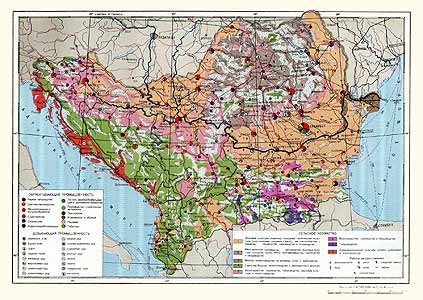 Румыния, Болгария, Югославия, Албания. Экономическая карта